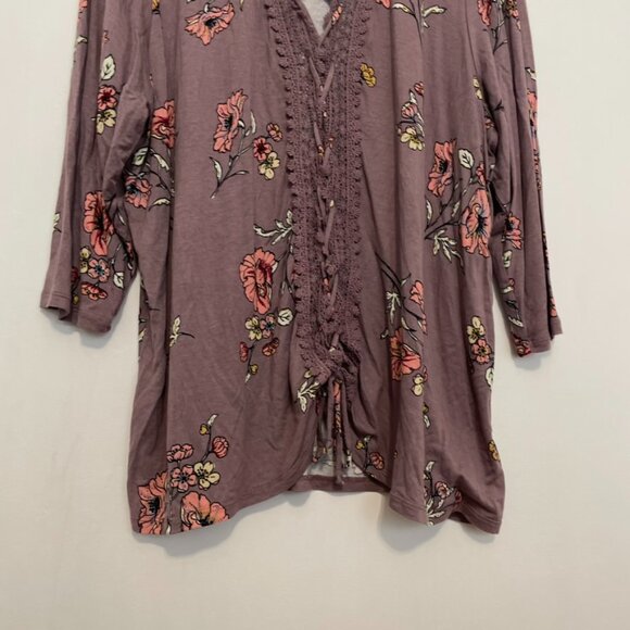 MAURICES 2 Plus Size Crochet and Lace Up Floral Top Mauve Purple 3/4 Sleeve Boho - Picture 5 of 15